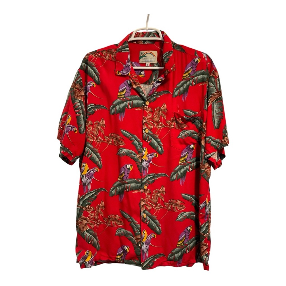 VTG Paradise Found Mens Sz L Magnum PI Red Hawaiian Purple Parrots Palms Shirt